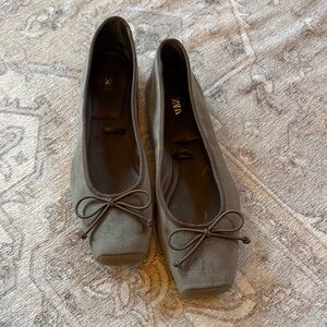 Zara Olive Suede Square-Toe Ballet Flats with Bow